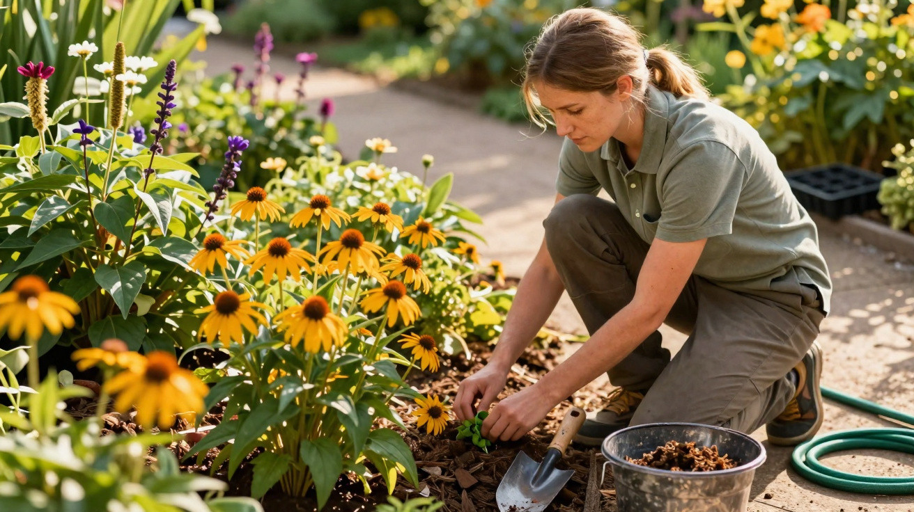 Woman planting seedlings in a flowerbed filled with blooming yellow and purple flowers on a sunny day.