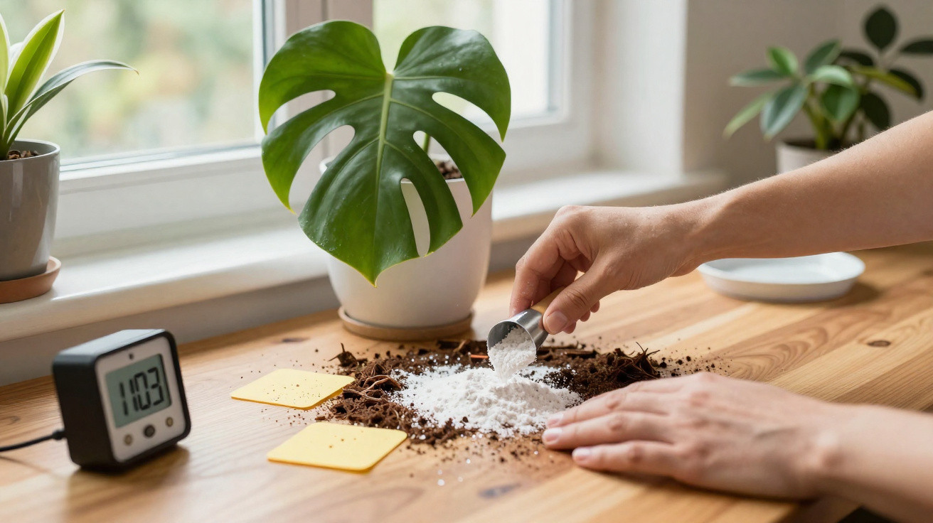 Hands sprinkling white powder into soil on a wooden table near potted plants and a digital timer.