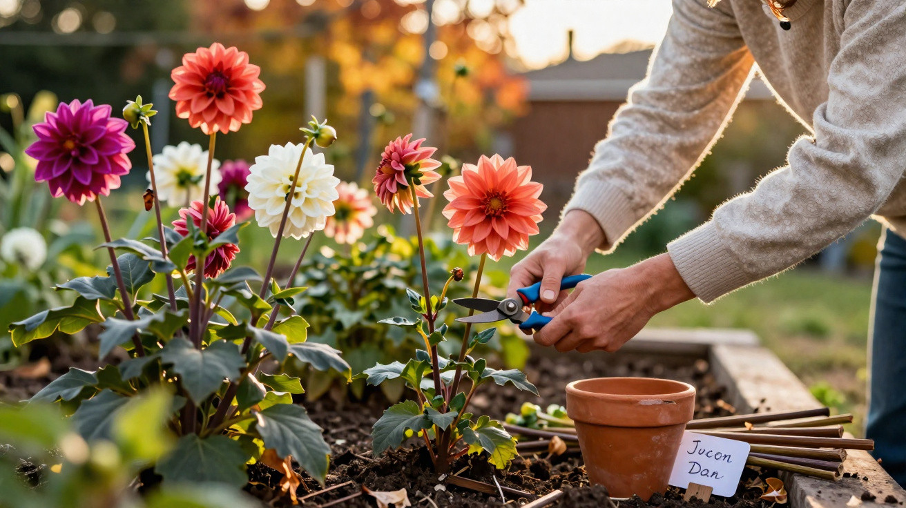 Person pruning colourful dahlia flowers in a garden bed during golden hour sunlight.
