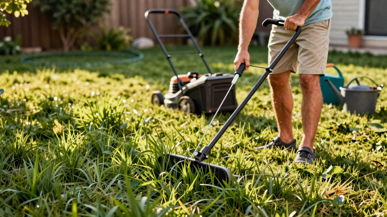 Person using a manual lawn mower on overgrown grass in a sunny garden with a powered mower in the background.