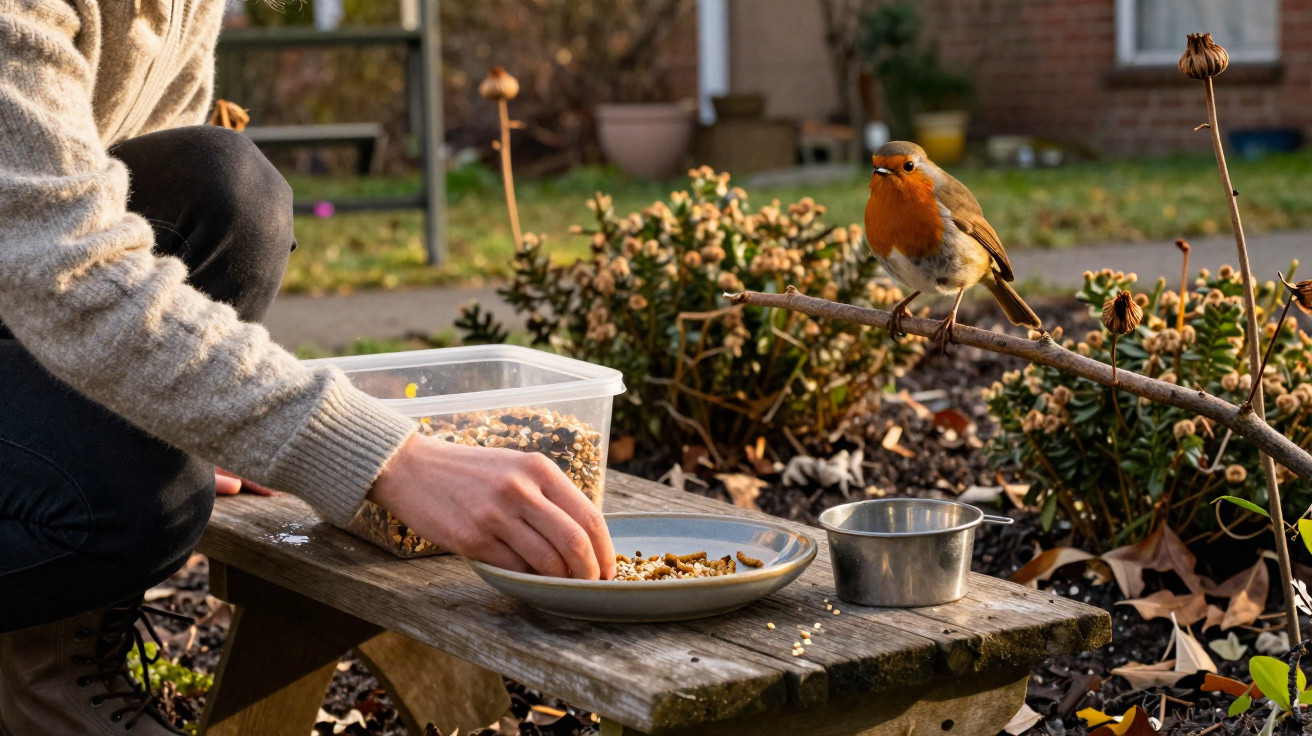 Person feeding a European robin on a wooden bench in a garden during autumn.