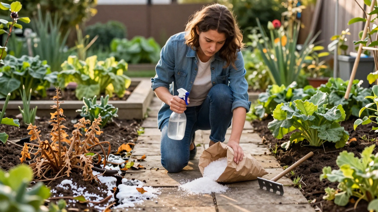 Young woman applying fertiliser in home vegetable garden on a sunny day, surrounded by green and dry plants.