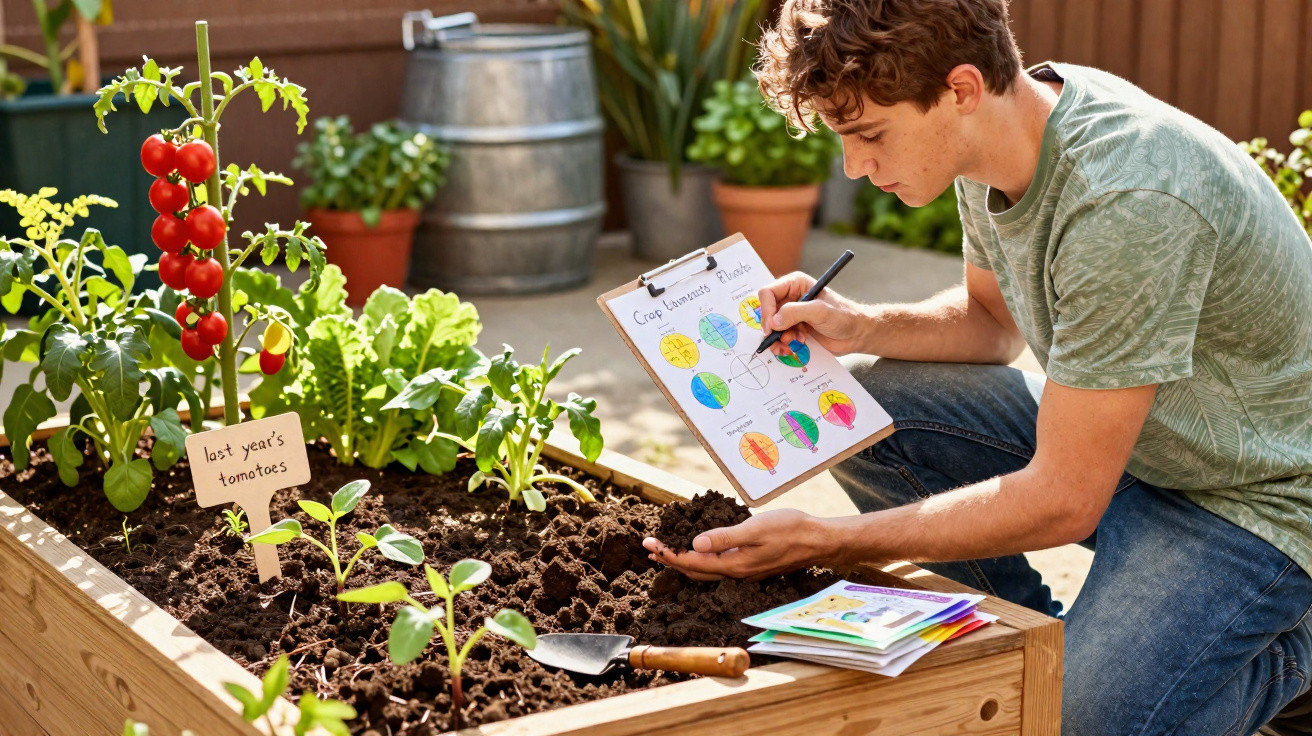Young man examining plant growth data next to a raised garden bed with tomato plants and seedlings.