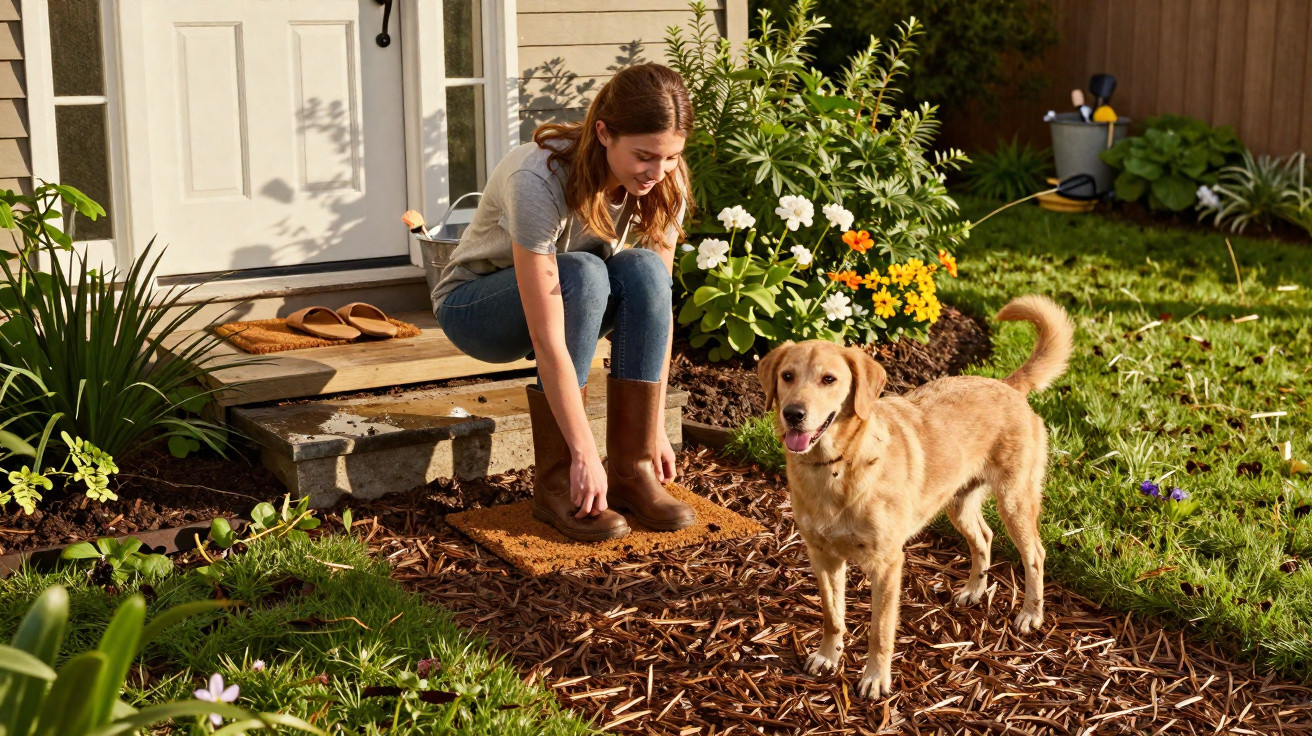 Woman wearing boots sitting on doorstep near a happy dog in a sunny garden with flowers and green grass.