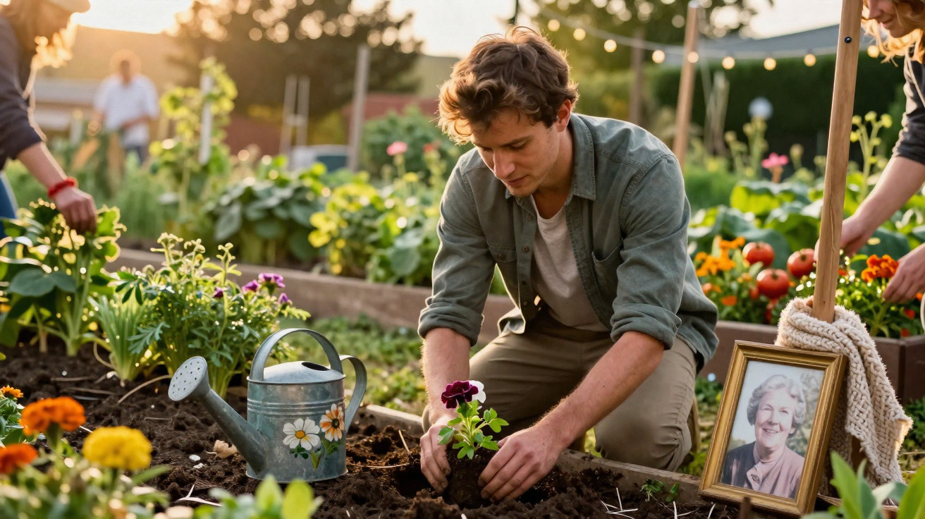 Young man planting flowers in a garden beside a framed photo of an elderly woman.