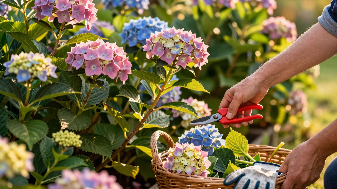Hands harvesting pink and blue hydrangeas with pruning shears into a wicker basket in a garden.