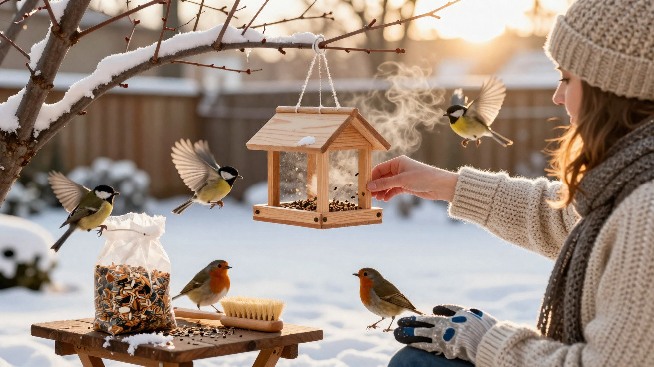 Woman in winter clothing feeding birds from a wooden feeder on a snowy day at sunrise.