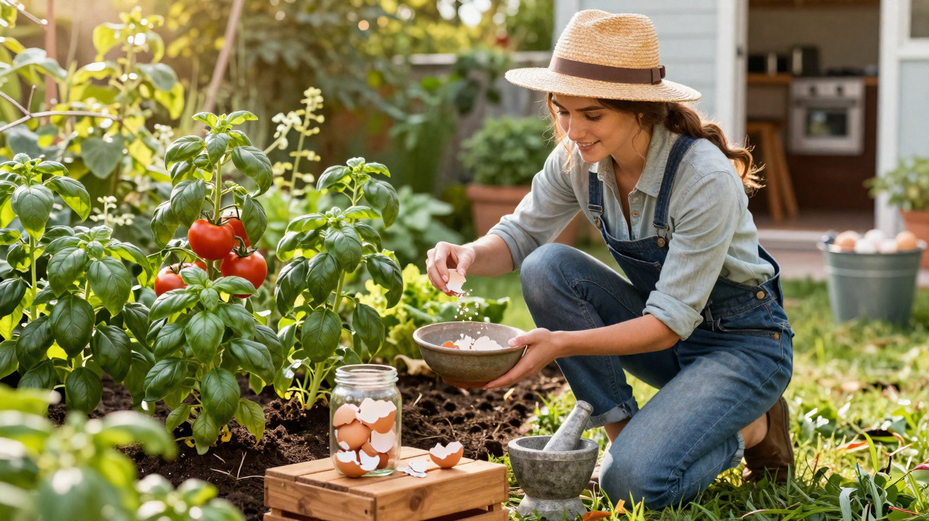 Woman in a straw hat kneeling in a garden adding eggshells to soil near tomato plants and a mortar and pestle.