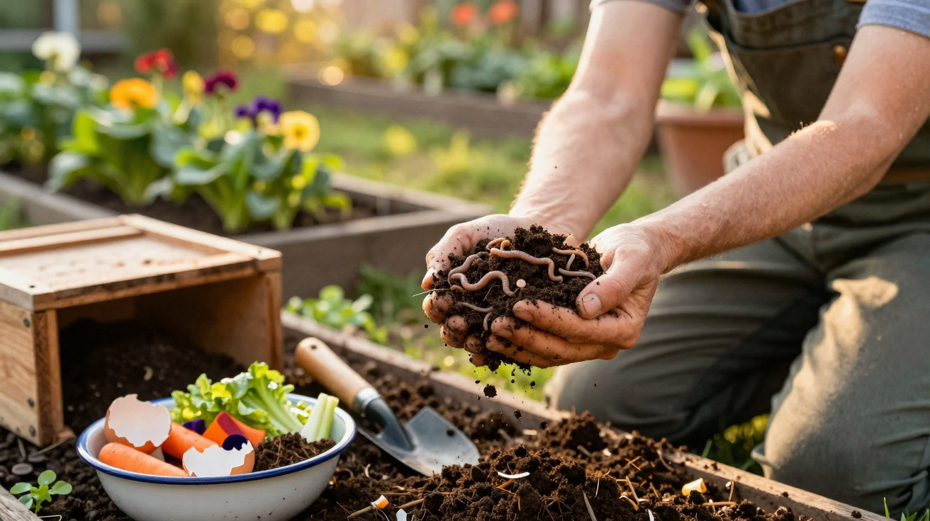 Person holding soil with earthworms over a garden bed surrounded by vegetables and gardening tools.