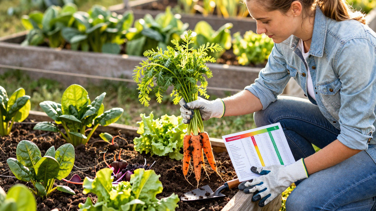 Woman harvesting fresh carrots from a vegetable garden while holding a planting guide.