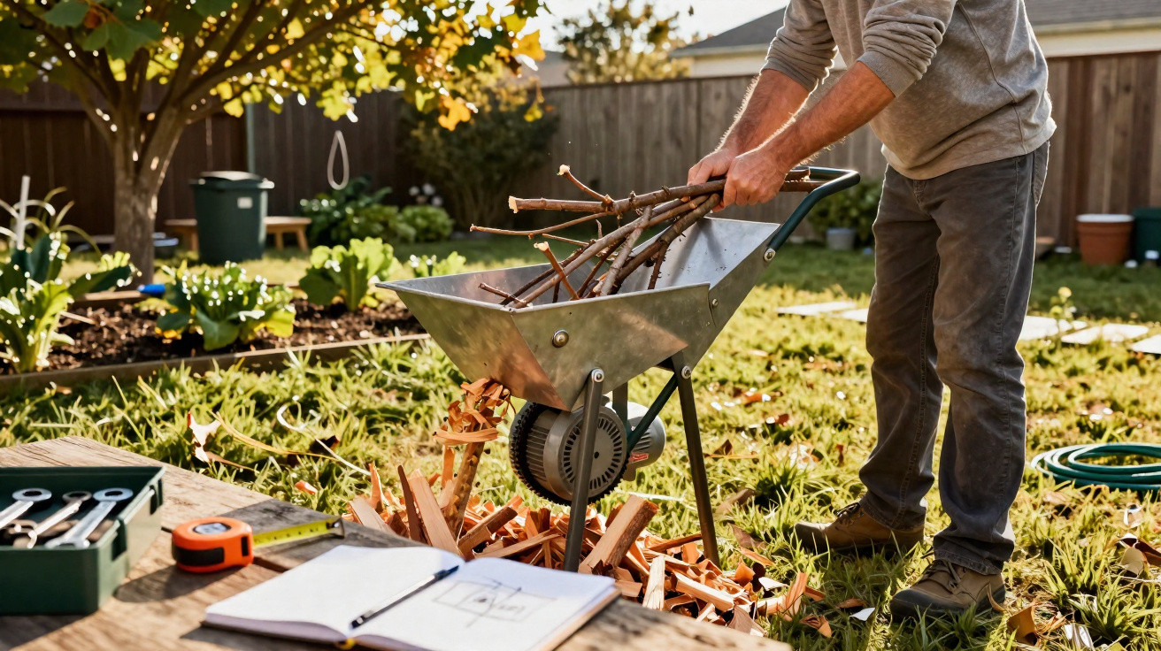 Person loading tree branches into metal chipper in sunny garden with tools and open notebook on table nearby.