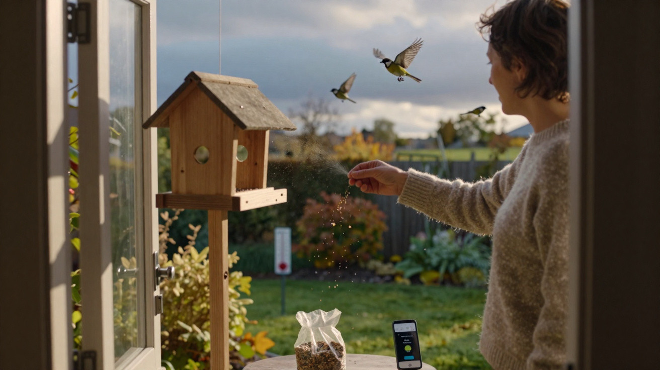 Person feeding birds from a wooden birdhouse in a sunlit garden with a smartphone on the table nearby.