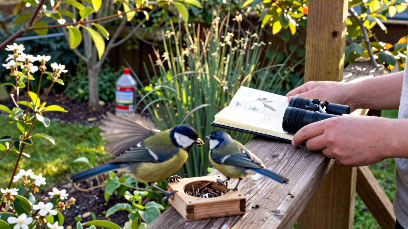 Two small birds feeding from a wooden feeder on a garden railing near a person holding binoculars and a bird guide.