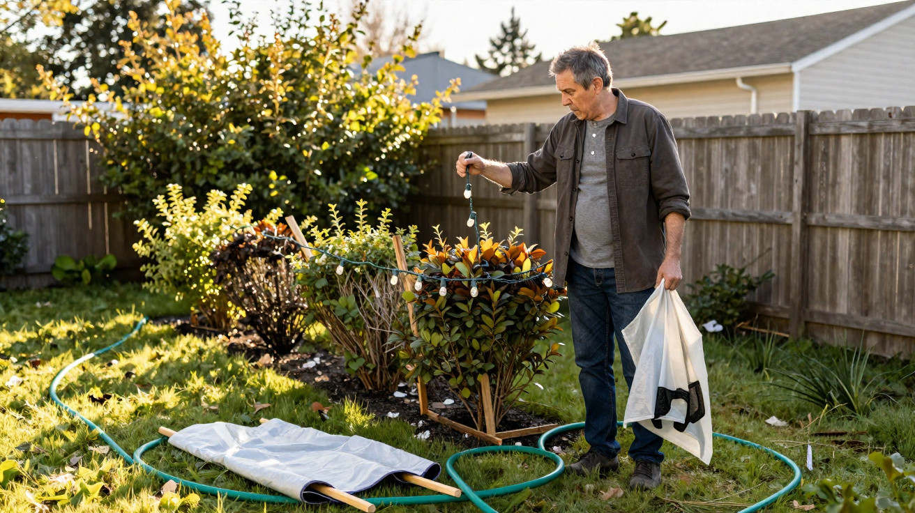 Man hanging string lights on bushes in a fenced garden during daytime with gardening tools on the grass