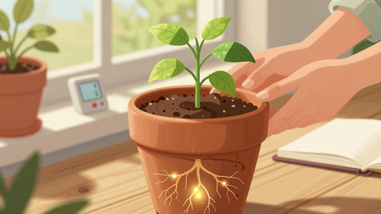 Hands holding a terracotta pot with a small plant showing glowing roots inside, on a wooden table near a window.