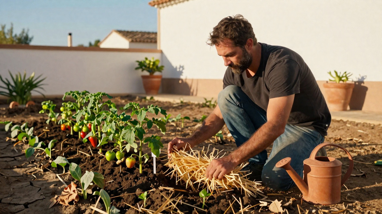 Man kneeling in garden, mulching soil near tomato plants with straw beside a watering can.