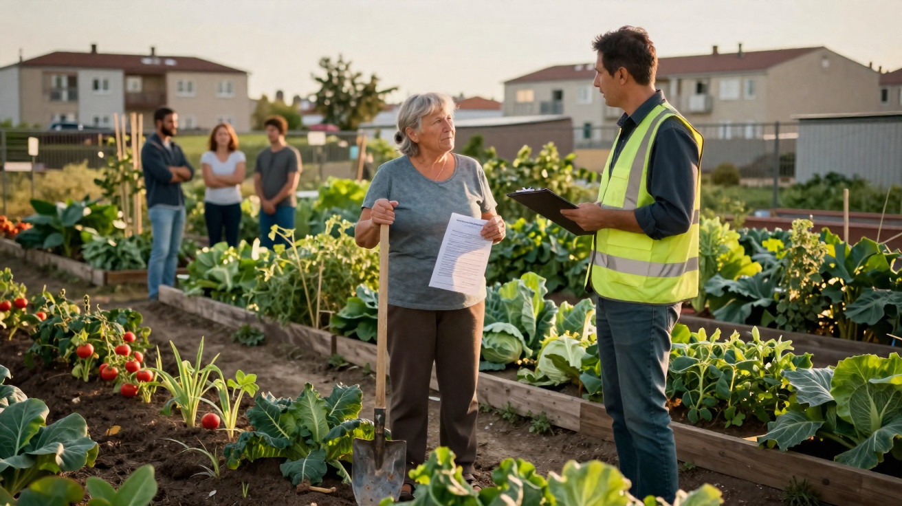 Older woman holding a shovel and paper talking to a man in a reflective vest in a community garden.