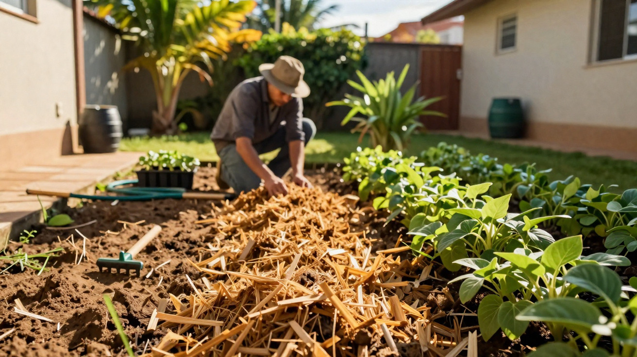 Person wearing a hat gardening, spreading mulch on soil next to green leafy plants in a sunny backyard.