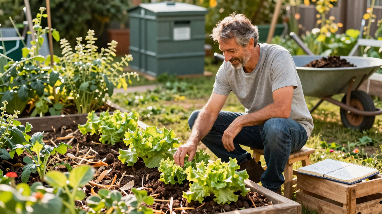 Man inspecting lettuce growing in raised garden beds in a sunny backyard with gardening tools nearby.