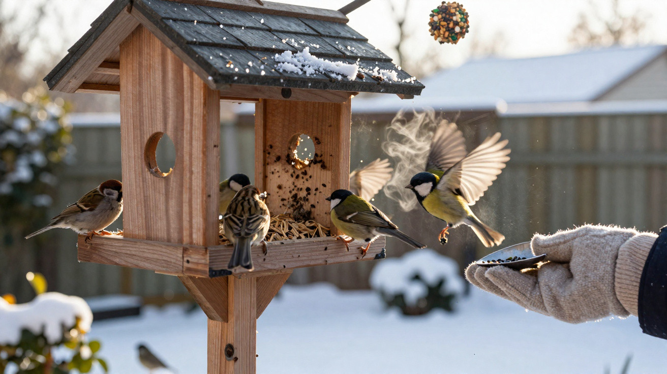 Bird feeder in a snowy garden with sparrows and great tits eating seeds, and a gloved hand offering food.