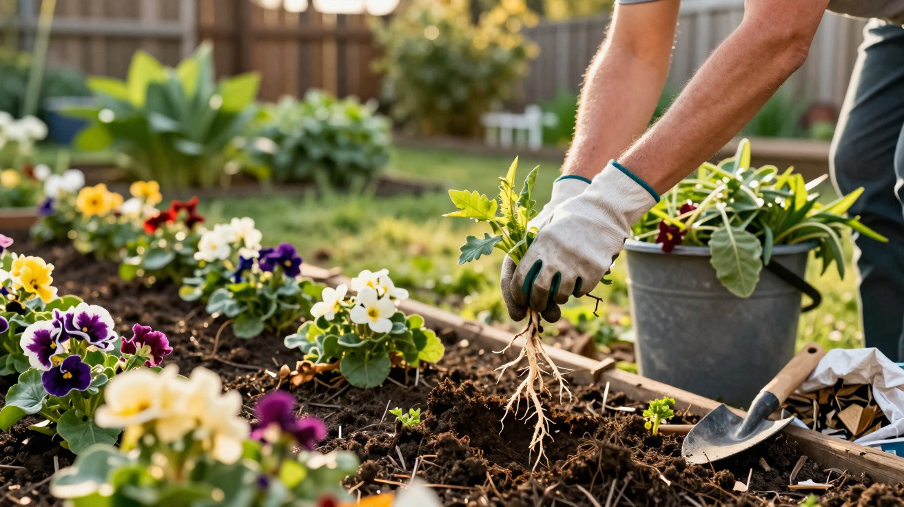 Person wearing gloves planting a young flower in a garden bed with colourful pansies nearby.