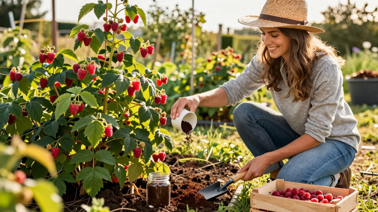 Woman wearing a straw hat gardening raspberries, pouring soil into the ground with a small trowel nearby.