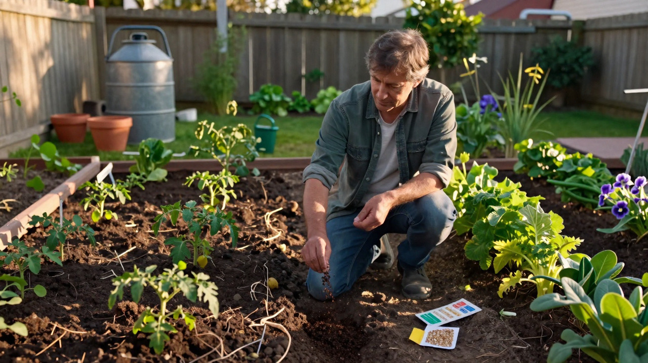 Man planting seeds in a garden bed surrounded by growing plants and flowers in a backyard garden.