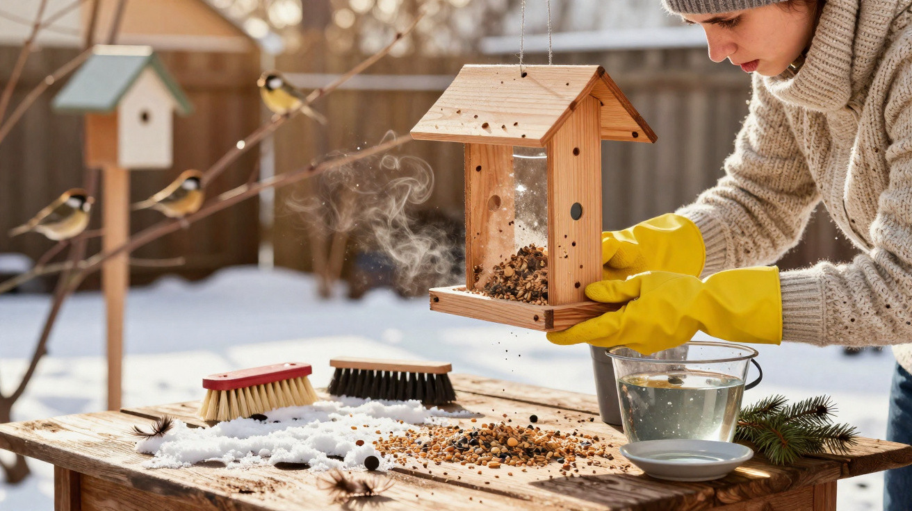 Person wearing yellow gloves refilling a wooden bird feeder with birdseed on a snowy day.
