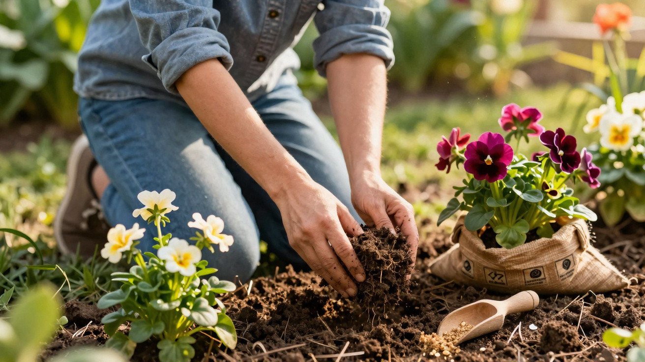 Person kneeling and planting flowers in a garden, holding soil with gardening tools nearby.