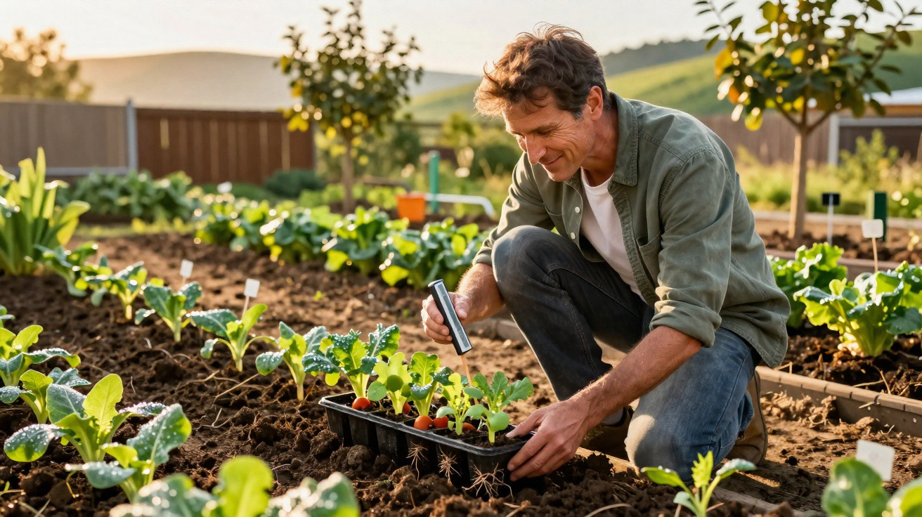 Man kneeling in a garden, examining seedlings in a tray with a soil moisture meter on a sunny day.