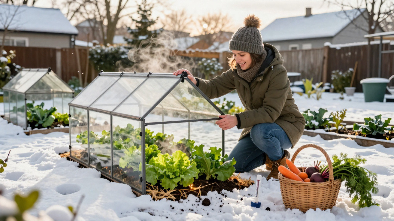Woman tending to leafy greens under a small greenhouse in a snowy garden with a basket of fresh vegetables nearby.