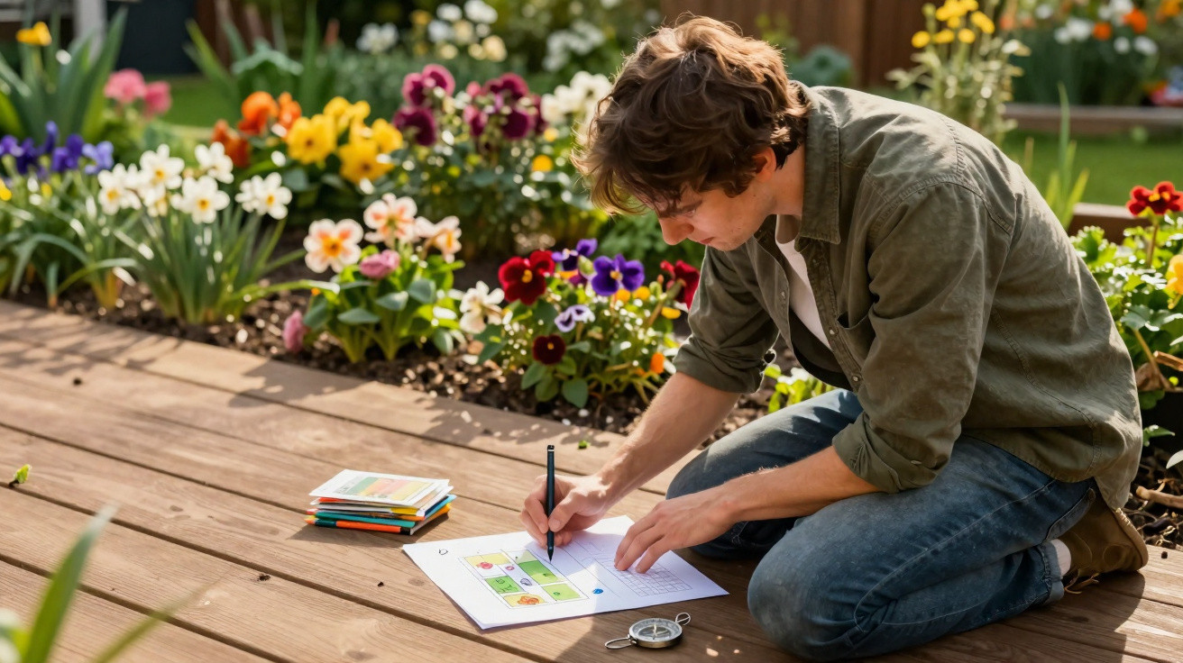 Young man kneeling on a wooden deck, writing on paper with colourful flowers in the garden behind him.