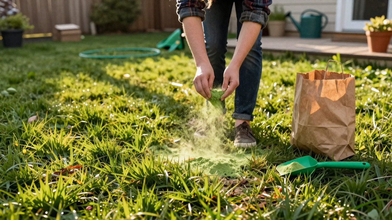 Person sprinkling green lawn fertilizer powder on grass in a sunlit garden yard with gardening tools nearby