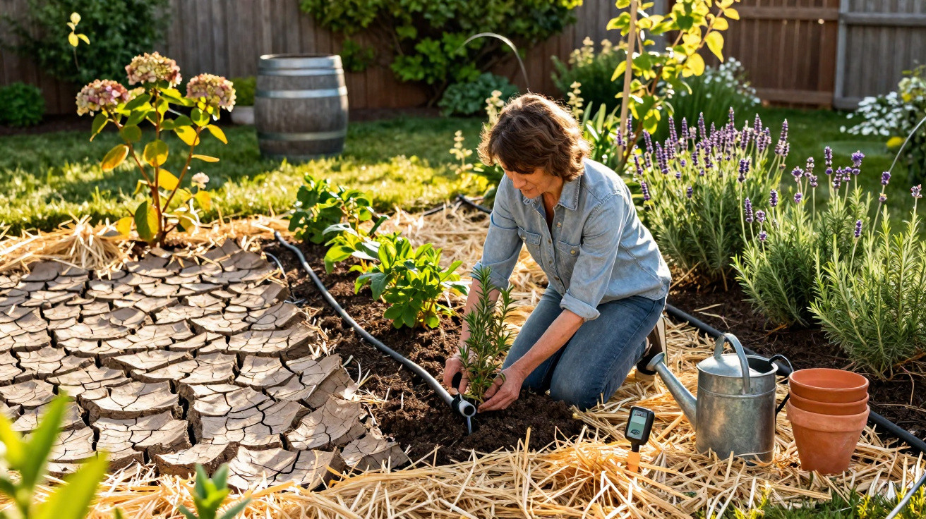 Woman planting a seedling in a garden with a watering can, clay pots, and lavender plants nearby.