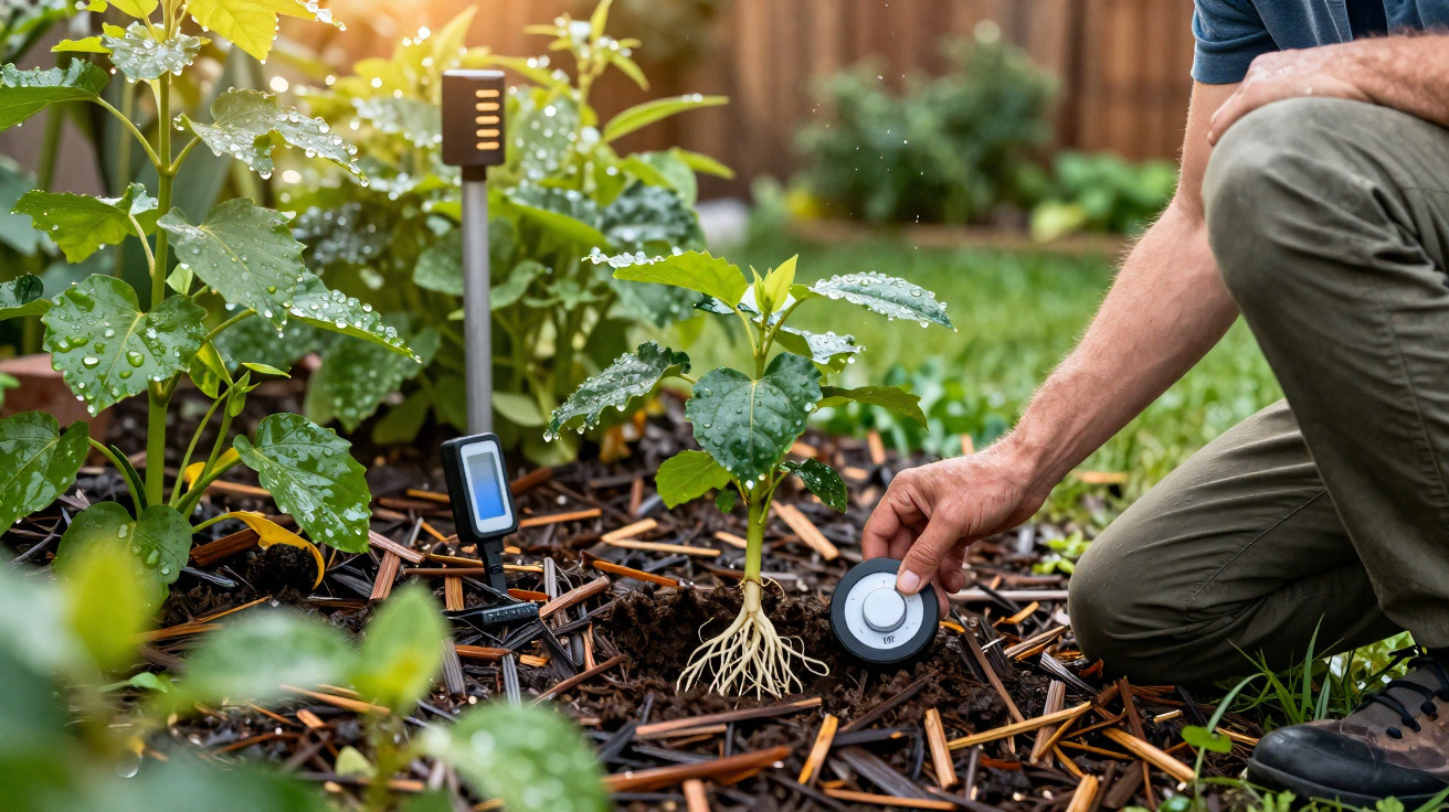 Person checking soil moisture with a digital meter beside a young plant in a garden bed.