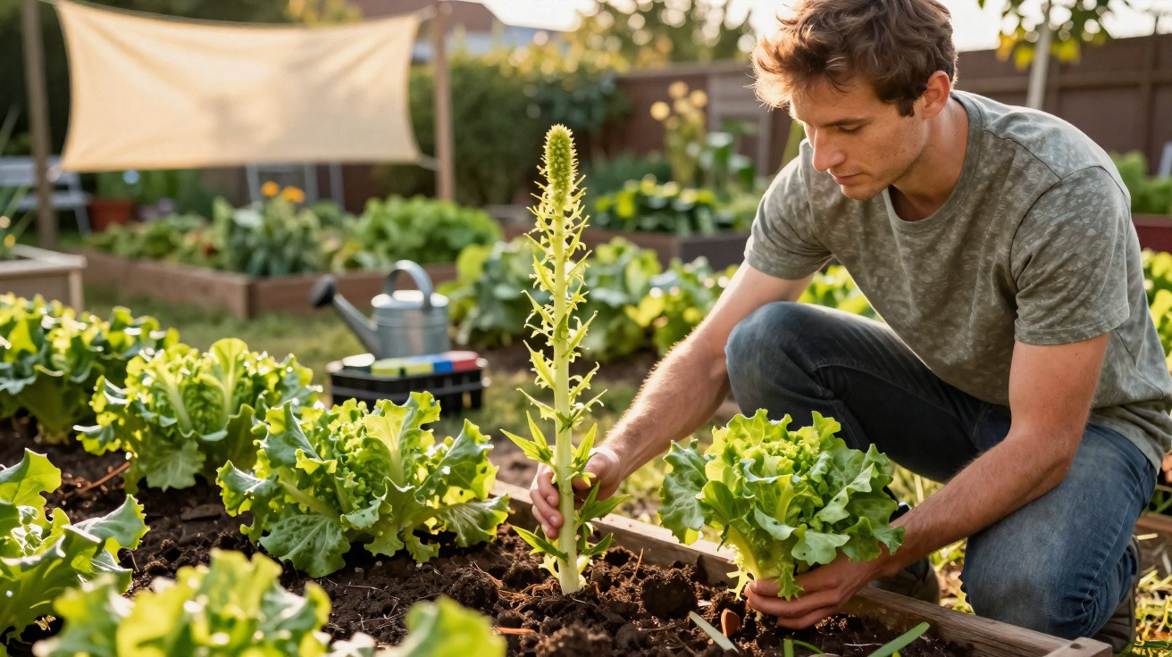 Man harvesting fresh lettuce in a vegetable garden with sunlight in the background.