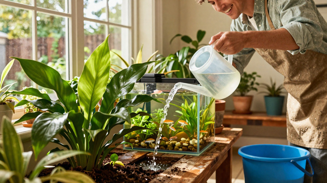 Person watering soil near an aquarium on a wooden table surrounded by houseplants by a window.