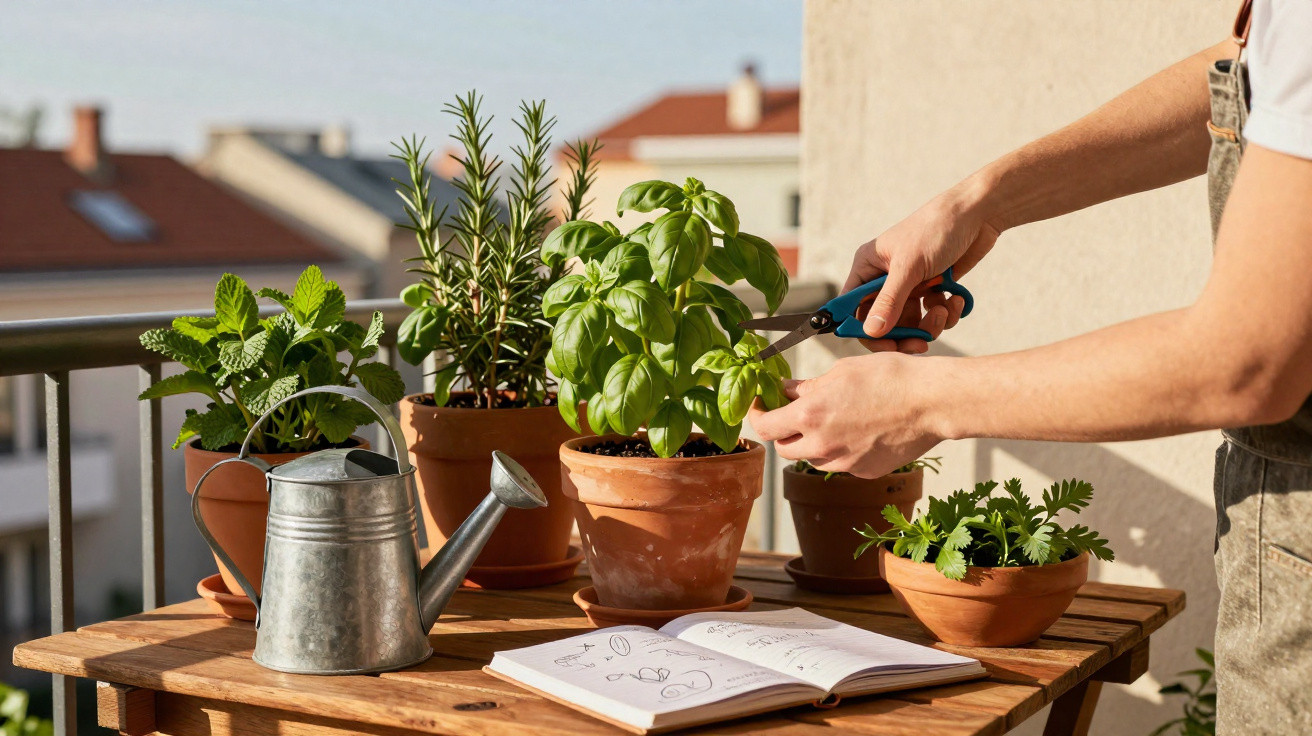 Person pruning basil plant on balcony with other potted herbs, watering can, and open gardening book on table.