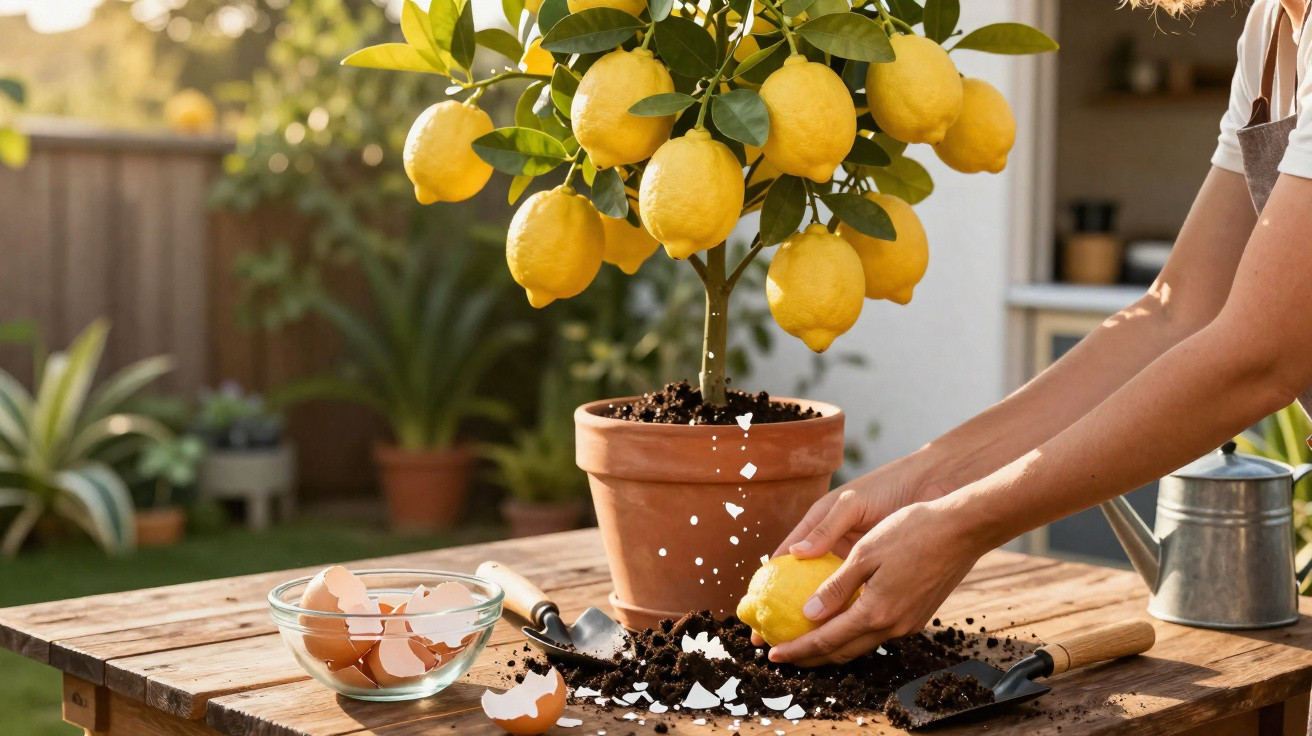 Person planting a lemon tree in a pot on a wooden table with gardening tools and eggshells nearby.