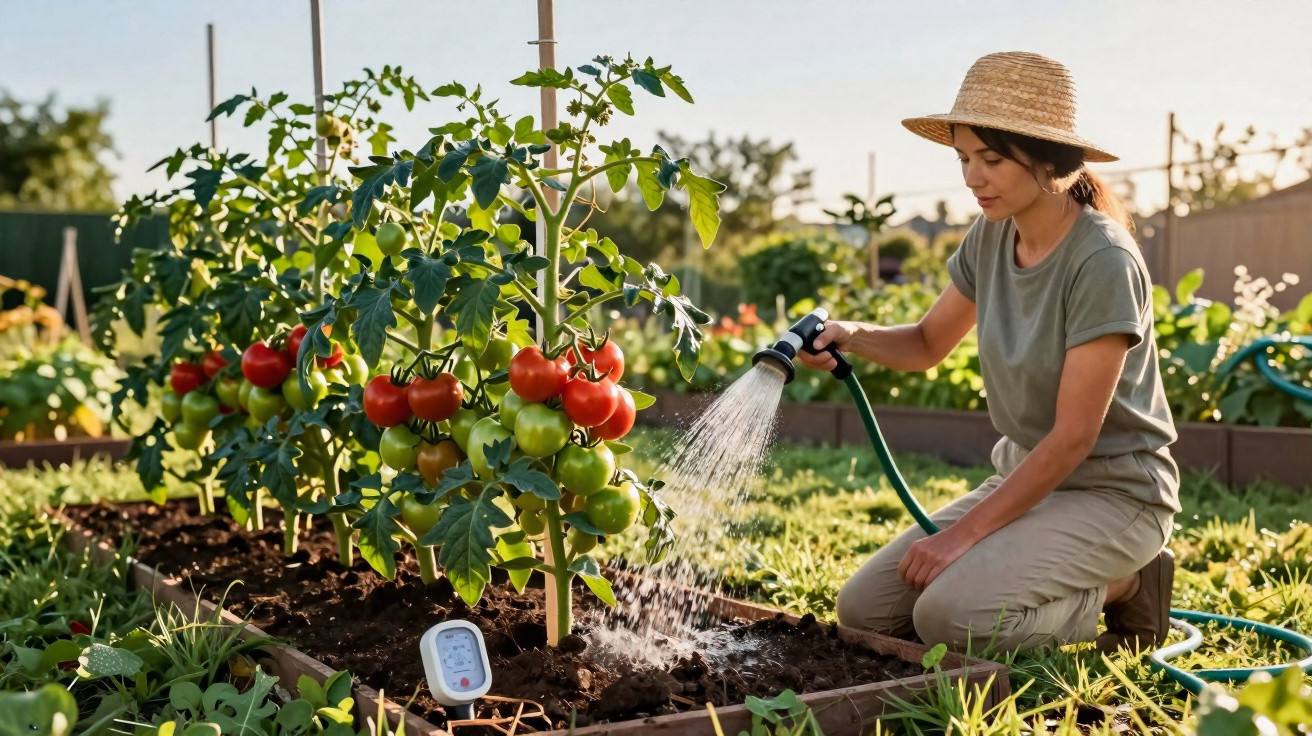 Woman wearing a straw hat watering ripe and green tomatoes in a raised garden bed at sunset.