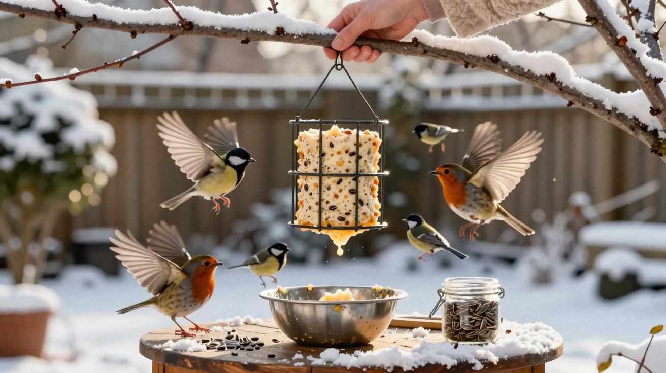 Hand holding bird feeder with suet cake hanging from snowy branch as robins and tits fly around it.