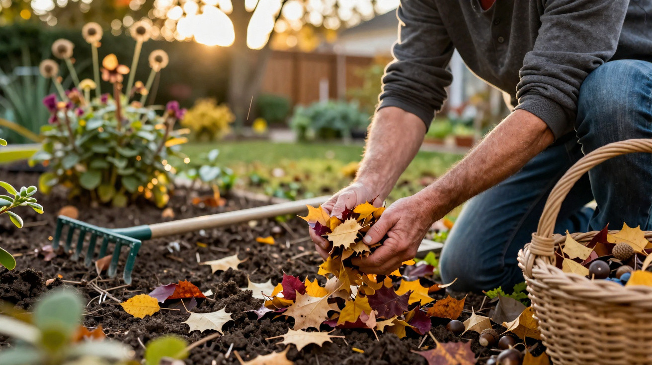 Person gathering autumn leaves from soil in a garden with a rake and wicker basket nearby at sunset.