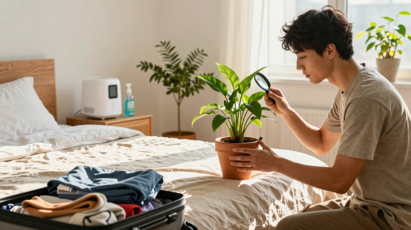 Young man examining a potted plant with a magnifying glass on a bedroom bed next to an open suitcase.