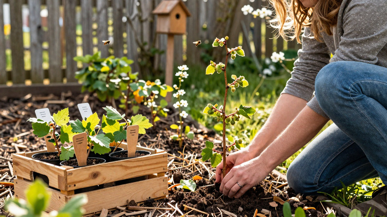 Person planting a young plant in soil with potted seedlings in a wooden crate nearby in a garden.