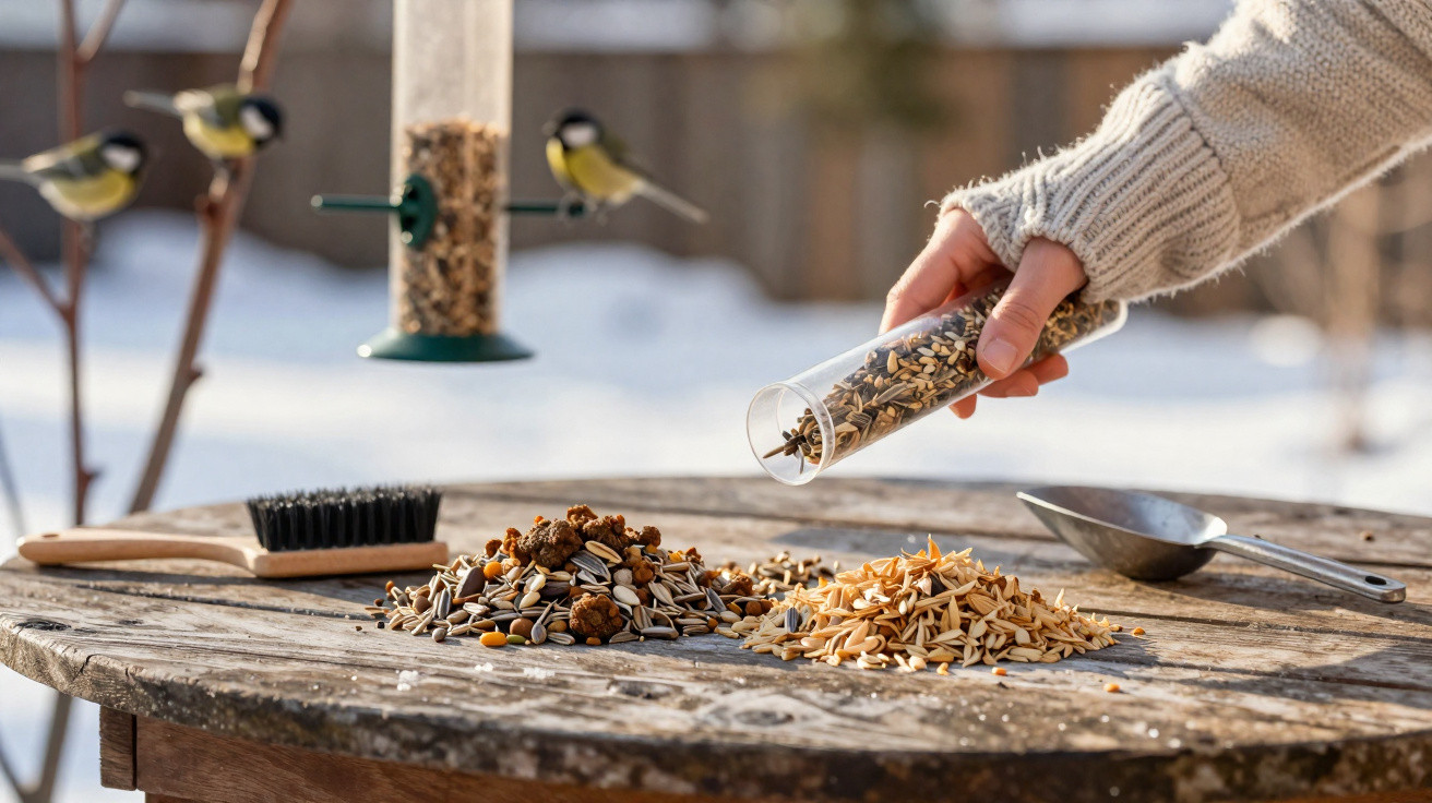Hand in wool jumper filling a bird feeder with seeds on a wooden table outside in winter.