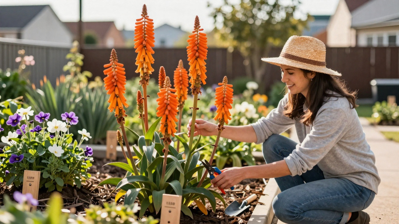 Woman wearing a straw hat tending to orange torch lilies in a sunny garden bed.