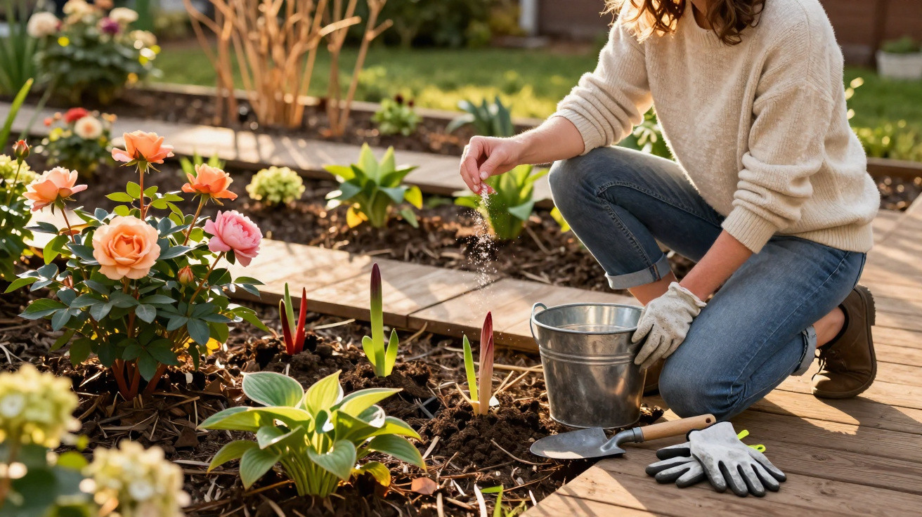 Person kneeling and sprinkling fertilizer on garden plants with gardening tools beside them.