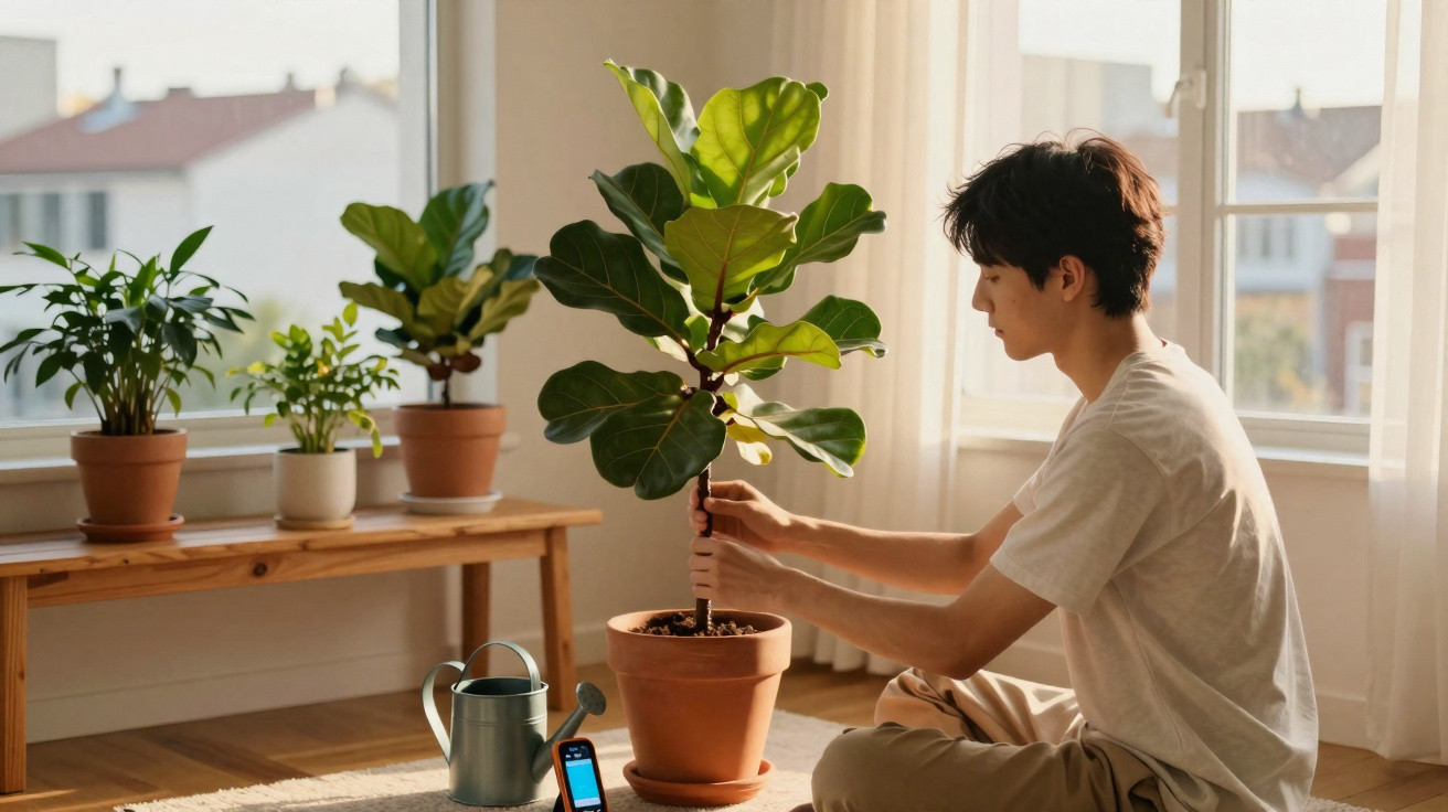Person tending to a potted plant in a sunlit room with other plants on a wooden table nearby.