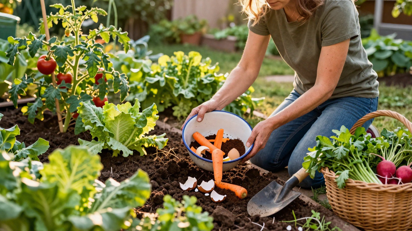 Person kneeling in a garden, adding carrot scraps and eggshells to soil for compost, with a basket of fresh vegetables nearby
