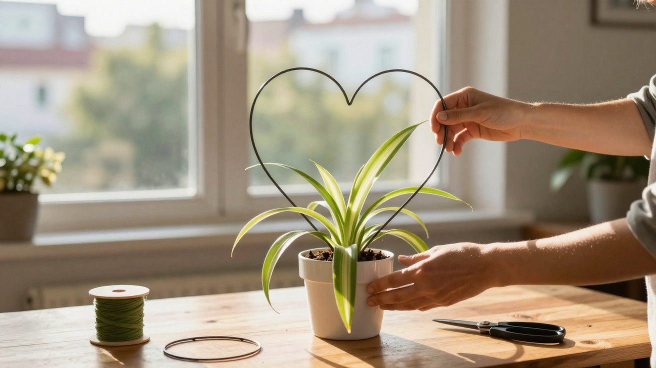 Hands shaping a wire heart around a potted spider plant on a sunlit wooden table by a window.